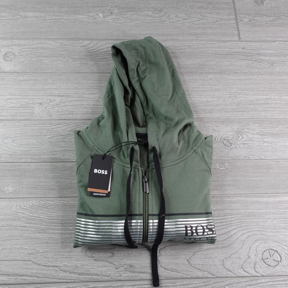NEW Hugo Boss Full Zip Hoodie Men's Size Medium Olive Green Striped Big Logo NWT